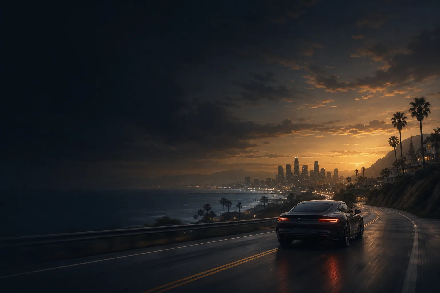 Performance car on a cinematic coastal road